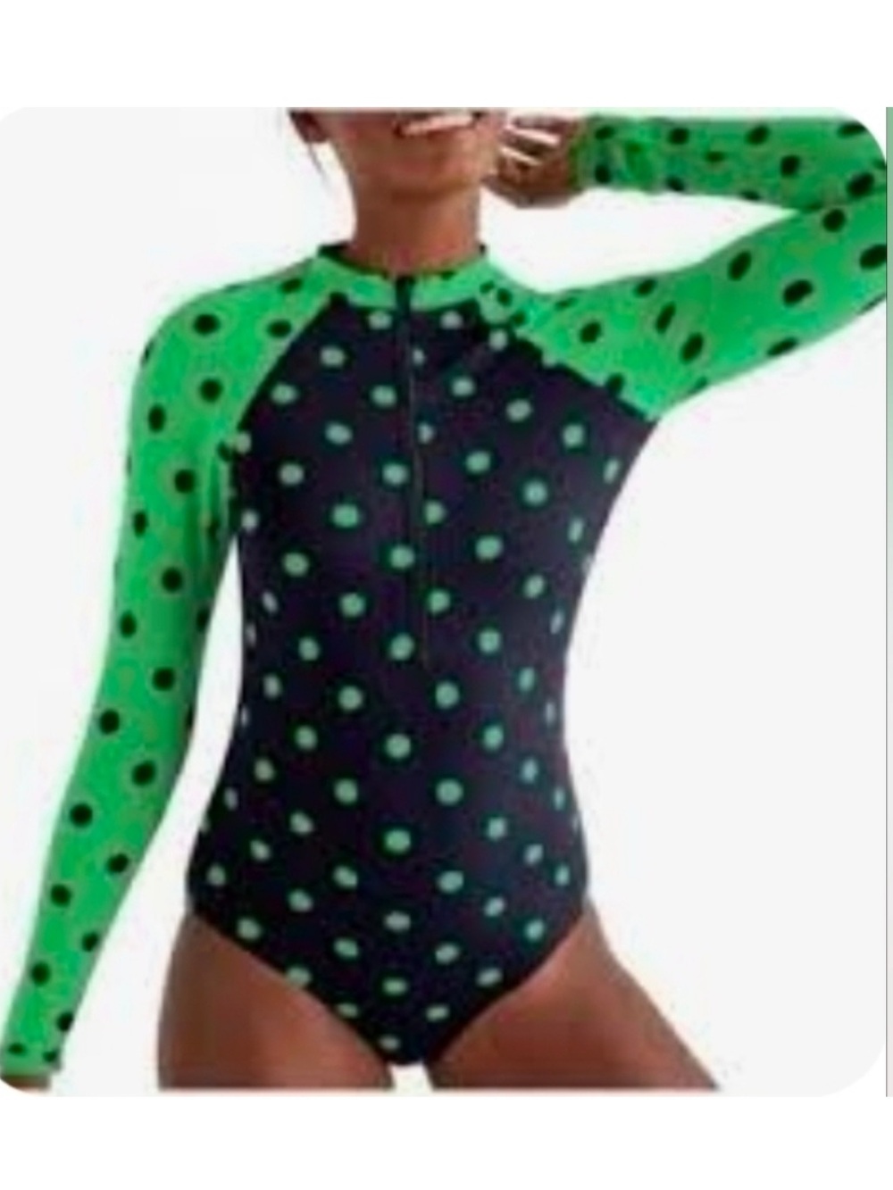 NWT Boden Green & Blue Polka Dot Long-Sleeve One-Piece Rash guard surf Swimsuit